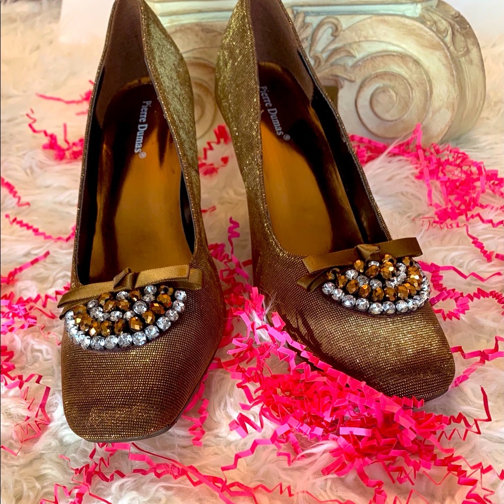 Pierre Dumas Heels (Bronze Sparkle with clear and bronze stones)